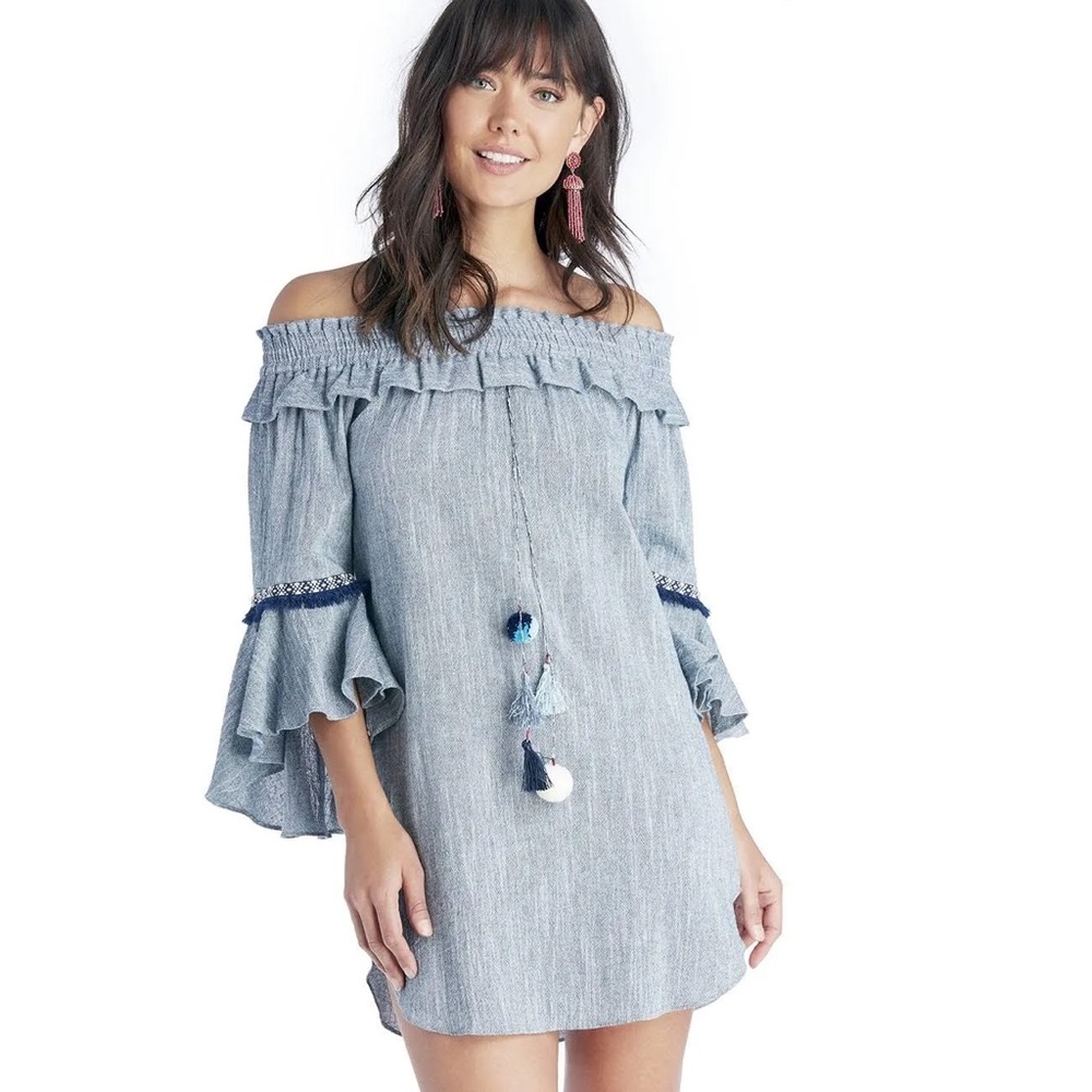 Misa Los Angeles Off the Shoulder ruffle sleeve chambray mini dress size XS